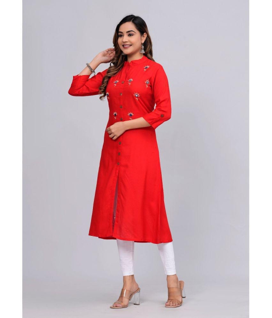 MAUKA Rayon Embroidered Front Slit Womens Kurti - Red ( Pack of 1 ) - None