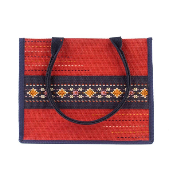Tribes India Hand Embroidered Red Jute Handbag