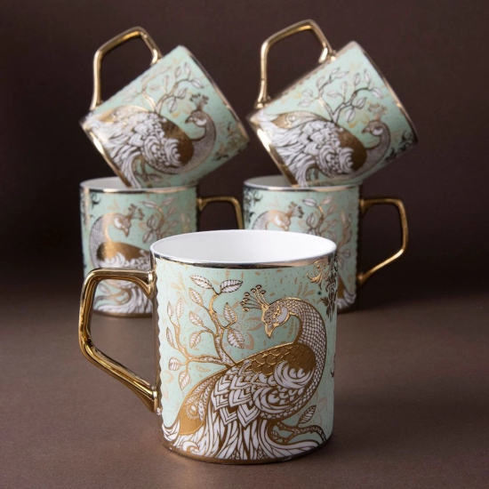 Femora Peacock Motif with Leaves Pattern Golden Tea Mugs, Ceramic Tea Cups, Coffee Mugs (180 ml, Golden) - 6 Pcs Set