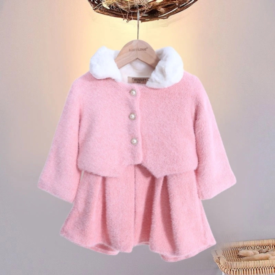 Girls Fur Collared Co-ord Set-Pink / 5-6 Years / 120