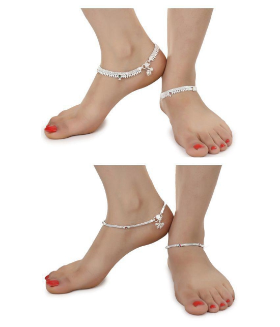 AanyaCentric Combo of 2 Pair Silver Plated White Metal Indian Traditional Ethnic Payal Anklets - Silver