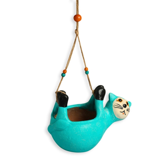 Cuddling Koala Hanging Planter Pot In Terracotta (6.3 Inch, Handmade & Hand-Painted, Blue)