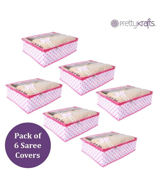 PrettyKrafts sari cover bag combo with Transparent Top with Bow,Pack of 6, Pink Dots