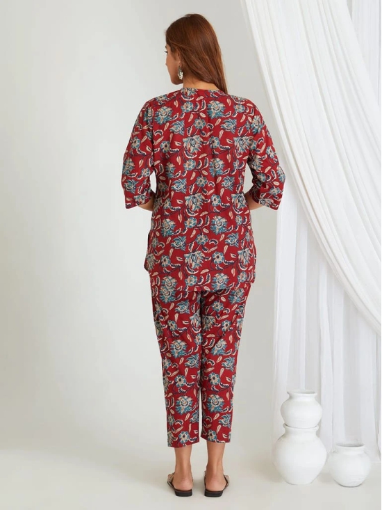 BREATHABLES Women Cotton Printed Loungewear Kurta and Pants Co-ord Set 3/4 Sleeve Round Neck Comfort Loose Fit Red I Night Wear | Co-ord set | Lounge Wear Set