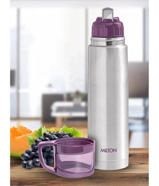 Milton Glassy 1000 Thermosteel 24 Hours Hot and Cold Water Bottle with Drinking Cup Lid, 1000 ml, Purple - Purple