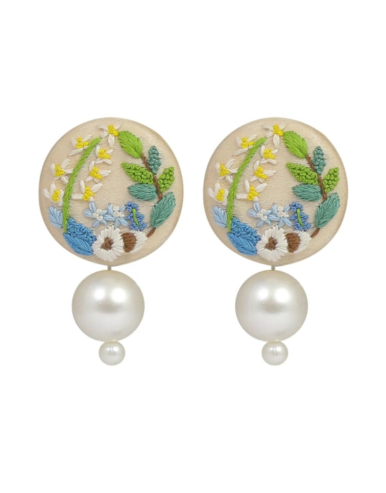 Embroidered Parsi Gara Cream Blooming Flower Pearl Earrings