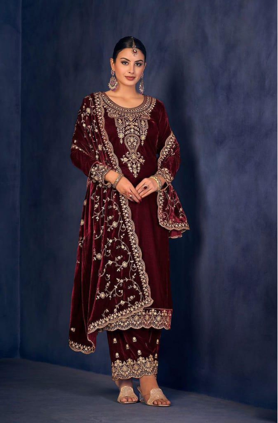 Lorenvelley Fashion Maroon Velvet Salwar Suit Material Embroidered