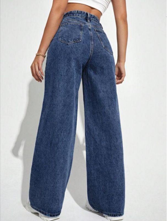 High Waist Wide Leg Jeans- Dark Blue-32