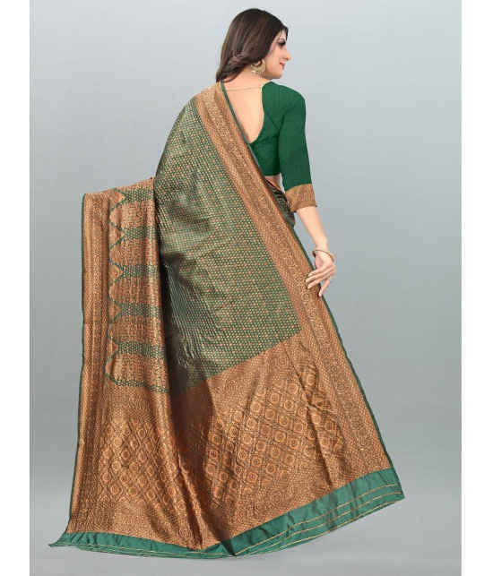 Om Shantam Sarees - Green Banarasi Silk Saree With Blouse Piece ( Pack of 1 ) - Green