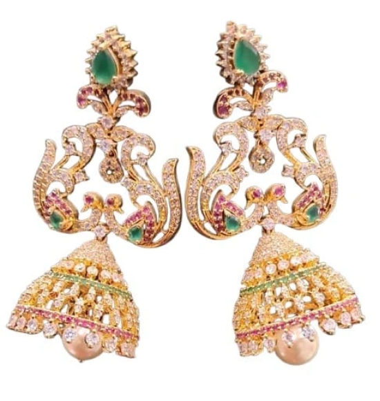 Stunning Gold-Plated Kundan and Pearl Jhumka Earrings with Green Stones