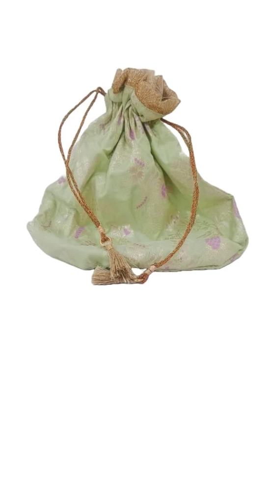 Green and gold brocade drawstring bag