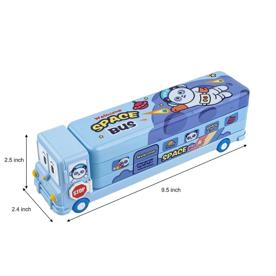 Uttamrobotics Denzcart Cartoon Printed School Bus Matal Pencil Box with Moving Tyres and Sharpner for Kids - Blue