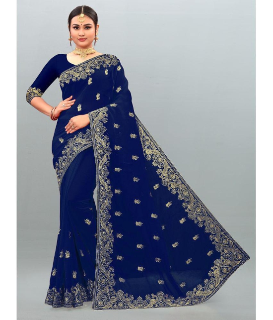 Om Shantam Sarees - Navy Blue Georgette Saree With Blouse Piece ( Pack of 1 ) - Navy Blue