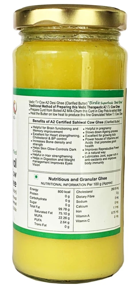 Birdie Superfoods -100% Pure Natural A2 Milk Desi Sahiwal Cow Ghee Prepared from Vedic Bilona Method-Immunity Superfood (250 ml) Glass Bottle