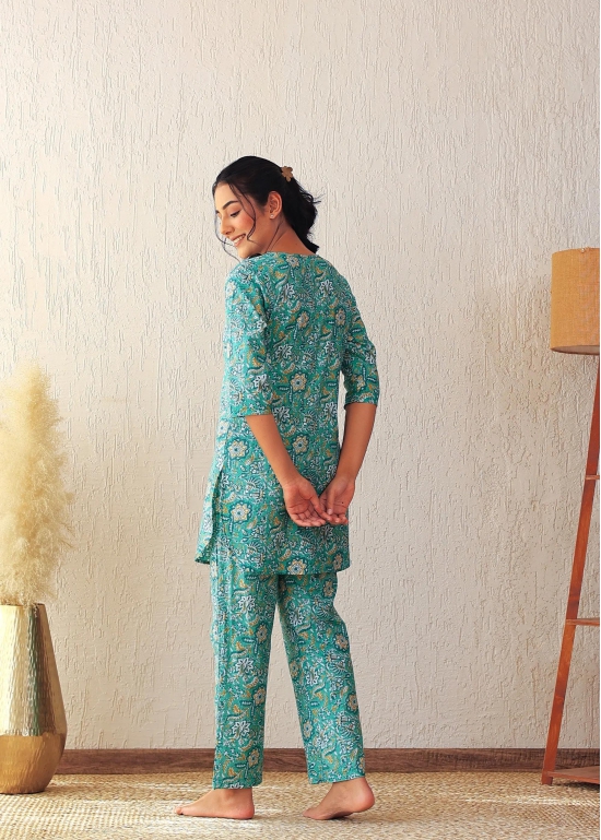 Plus size Green Floral Print Cotton Loungewear Set-L