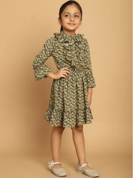 MINI & MING Girls Floral Printed Band Collar Bell Sleeve Ruffled Fit & Flare Dress