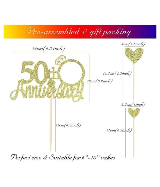 50th Anniversary Cake Topper with Diamond Ring Heart Cake Decorations Set for 50th Wedding Graduation Retirement Company Celebration Party - Pack of 5