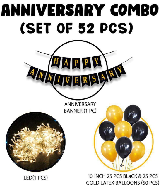 Party Propz Happy Anniversary Decoration Items with LED Light Bunting, Metallic Balloons, 52Pcs Set for 1st, 5Th,25th Party Room Decoration Combo Set/Couple Wedding,Marriage Celebration