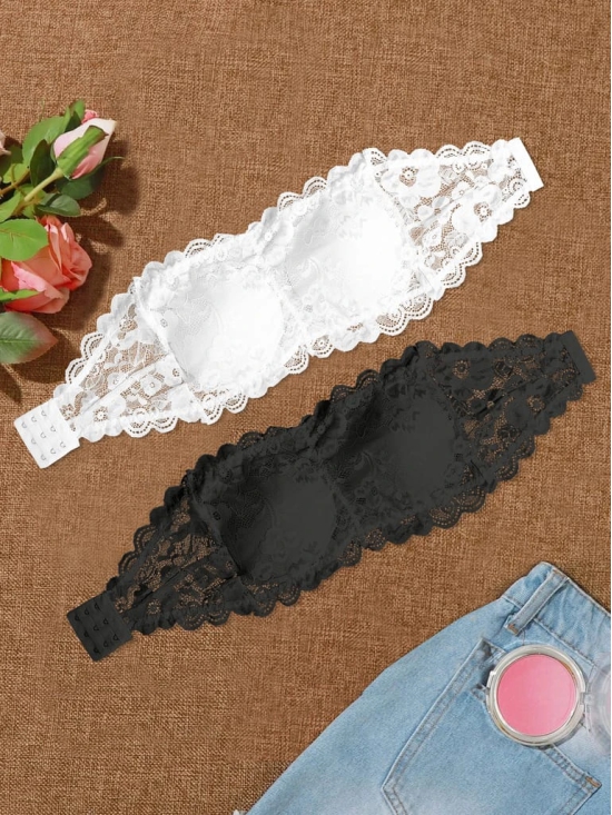 Women’s/Girl’s Lace Net Tube Bra Strapless Padded Seamless Hook Closure Bra - White & Black