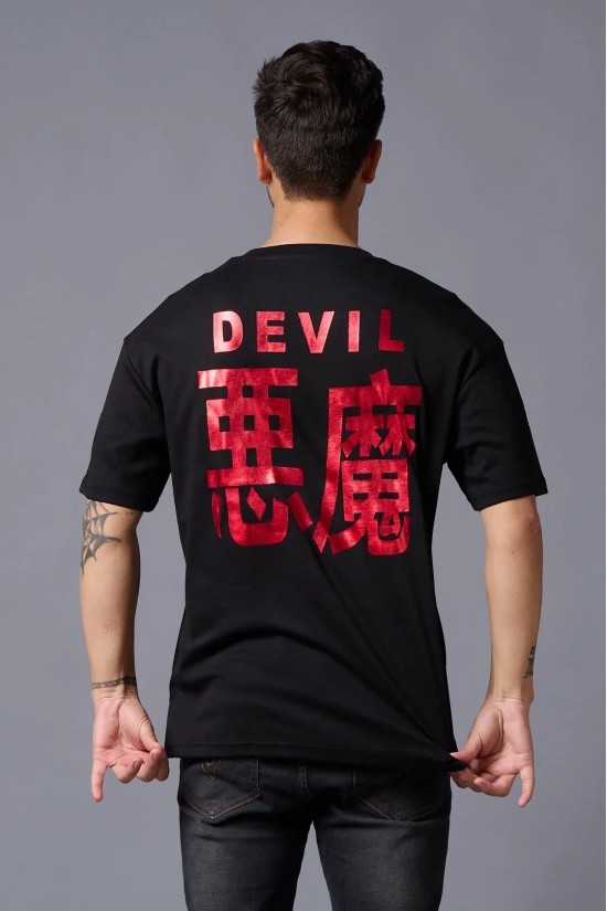 Chinese Devil in Red Foil Print Black Oversized T-Shirt for Men XXL