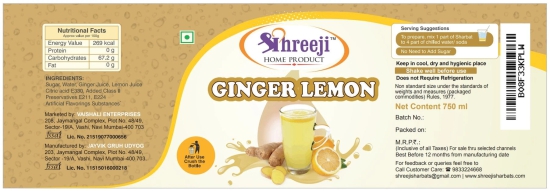 Shreeji Ginger Lemon Syrup Mix with Water / Soda for Making Juice 750 ml