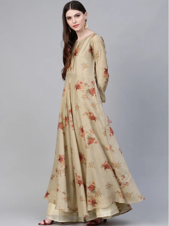 Women Beige & Red Floral Printed Anarkali Kurta with Dupatta