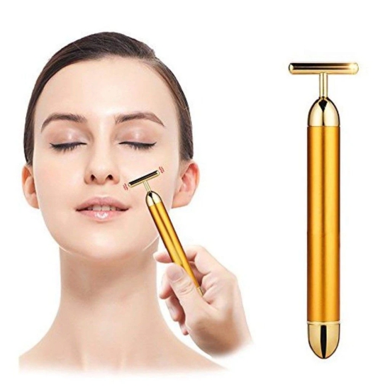 24k Gold Energy Beauty Bar Electric Vibration Facial Massage Roller Waterproof Face Skin Care T-Shaped Anti Wrinkle Massager for Forehead Cheek Neck Clavicle Arm (Gold Colour)