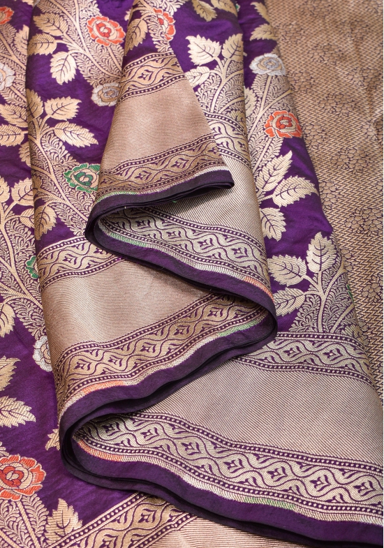 Meenakari Rose Creeper Jaal on Deep Purple Banarasi pure silk saree | SILK MARK CERTIFIED