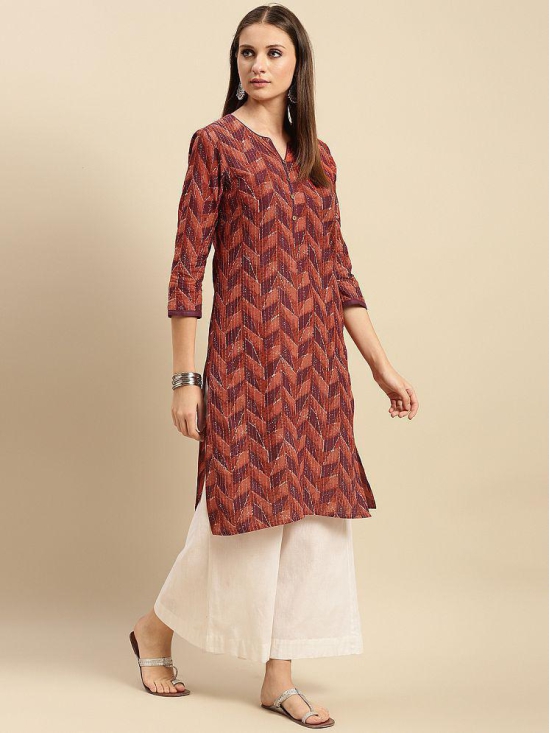 Rangita Women 100% Cotton Peach Geometric printed Knee length straight kurti - None