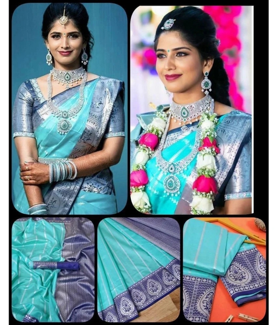 Apnisha Banarasi Silk Embellished Saree With Blouse Piece - SkyBlue ( Pack of 1 ) - SkyBlue