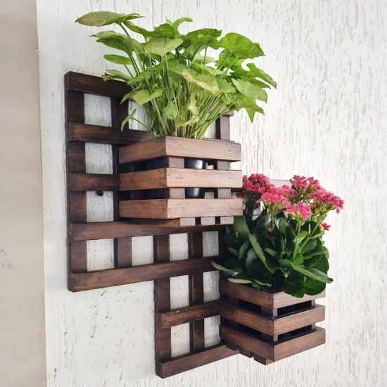 BARISH - Wall Mounted Planter - Square Double | Handcrafted with Rubberwood | Indoor Hanging Planter with Wall Mount Stand 18 x 18 x 6 Inches