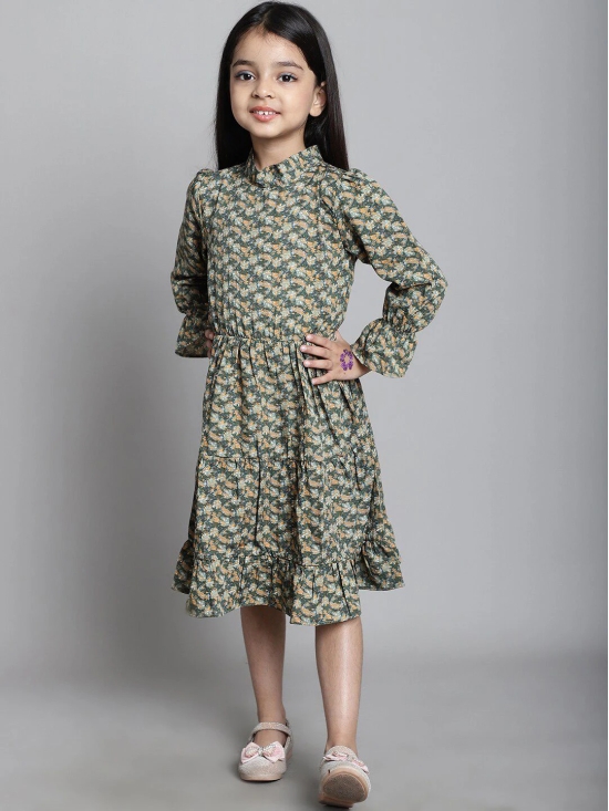 MINI & MING Girls Floral Print Mock Neck Bell Sleeves Crepe Fit & Flare Midi Dress