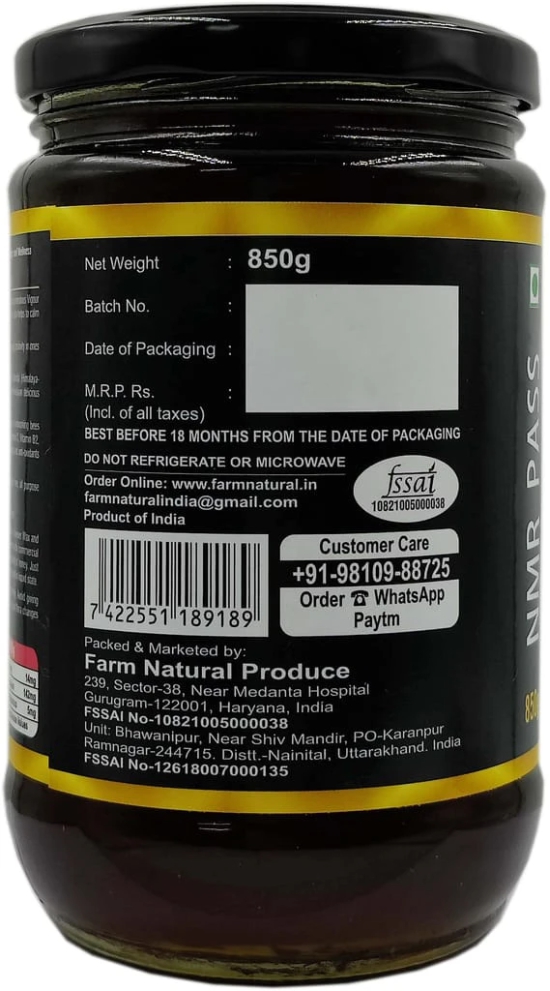 Farm Naturelle - Raw, 100% Natural (NMR Tested, Passed, Certified), Ashwagandha Infused Forest Flower Honey(850gram) Glass Bottle.