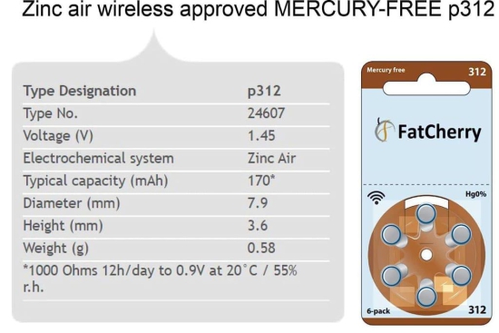 FatCherry Hearing Aid Battery Size 312, Pack of 6 Batteries