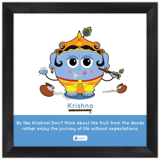 Indigifts Diwali Gift Wall Decor - Be Like Krishna Printed Blue Poster Frame 6X6 Inches - Diwali Decorations Items| Religious Gift Items| Housewarming Gift| Baby Lord Krishna Framed Posters