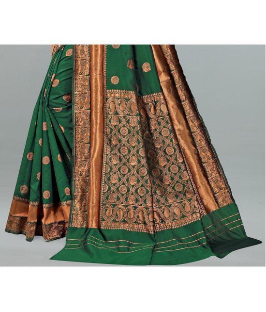 Om Shantam Sarees - Green Banarasi Silk Saree With Blouse Piece ( Pack of 1 ) - Green