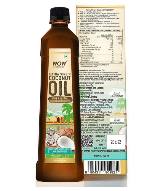 WOW Life Science Extra Virgin Coconut Oil - 400mL