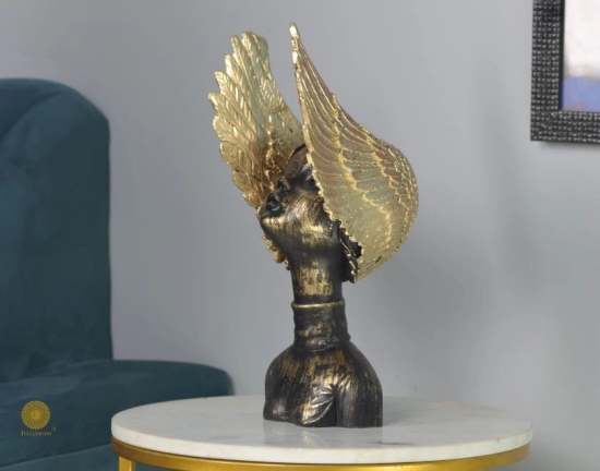 Golden Wings Angel Face Sclupture (5.5x13 Inches)-Black