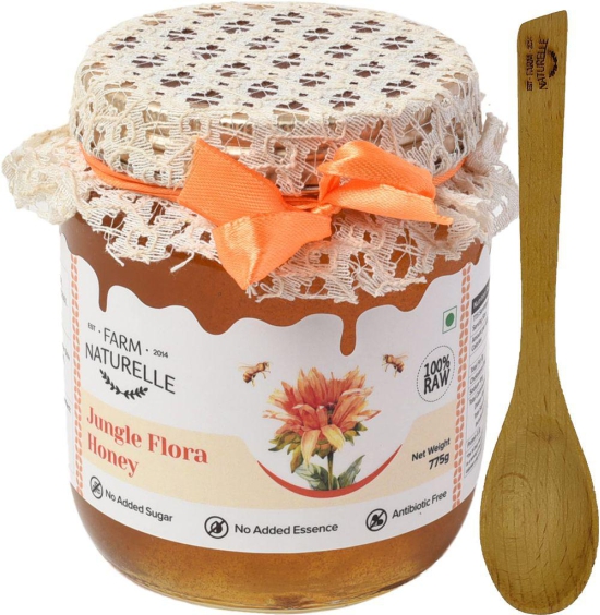 Farm Naturelle-Jungle Flower Wild Forest Honey | 100% Pure Honey |700g+75gm Extra and a Wooden Spoon| Raw Natural Unprocessed Unheated Lab Tested Honey | Glass Bottle.