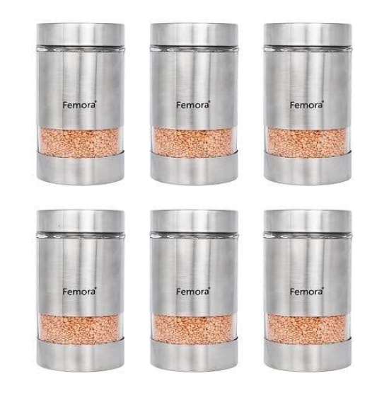 Femora Metallic Clear Glass Kitchen Storage Jars, 1000 ml, Set of 6, Free Replacement of Lids