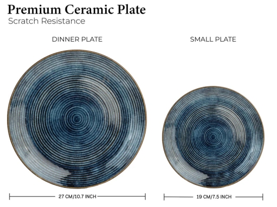 Handcrafted Stoneware Reactive Glaze Ceramic Dinner Set, 14 Pieces Serving for 4, Microwave and Dishwasher Safe, Bone-ash Free, Crockery Set for Dining and Gifting, Reactive Blue