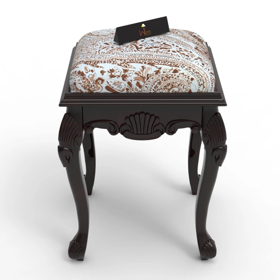 Elegant Hand Carved Teak Wood Stool in Premium Fabric-Honey