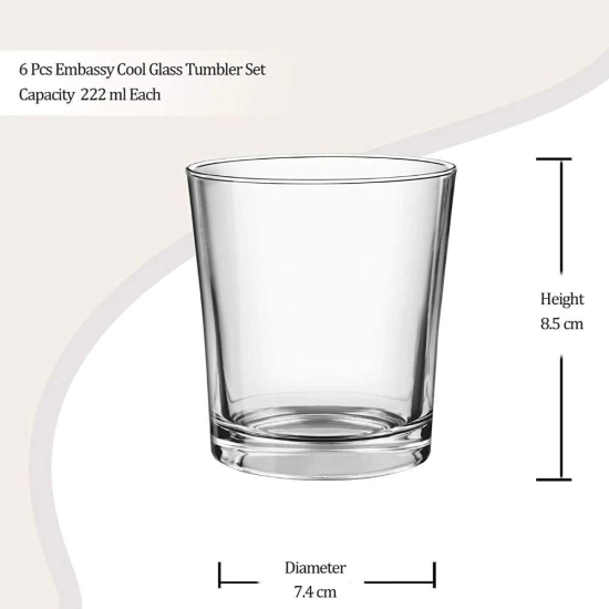 Treo Embassy Cool 222 ML Glass Tumbler | Transparent | Set of 6 Pcs