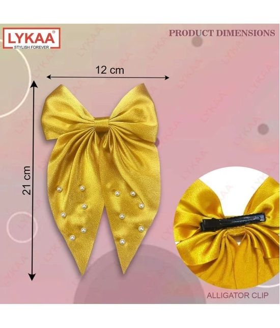 Lykaa Large Satin Hair Bow with Pearls Longtail Clips Hair Accessories for Women -1 Pcs (Multicolor) - Mustard