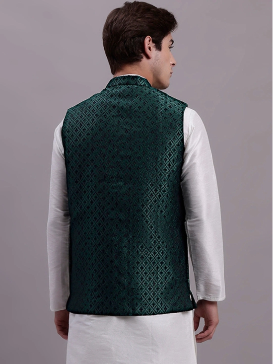 Mens Olive Green Woven Design Nehru Jacket With Solid Kurta Pyjama.-XXL / Olive-Green