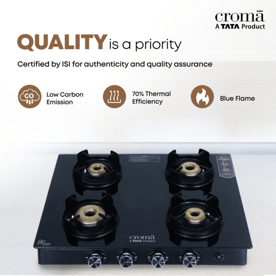 Croma Toughened Glass Top 4 Burner Automatic Gas Stove (Flame proof pan support, Black)