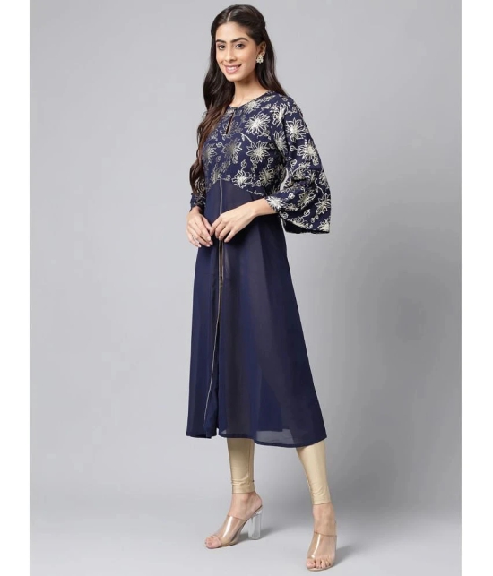 Janasya - Navy Blue Georgette Womens Front Slit Kurti ( Pack of 1 ) - None