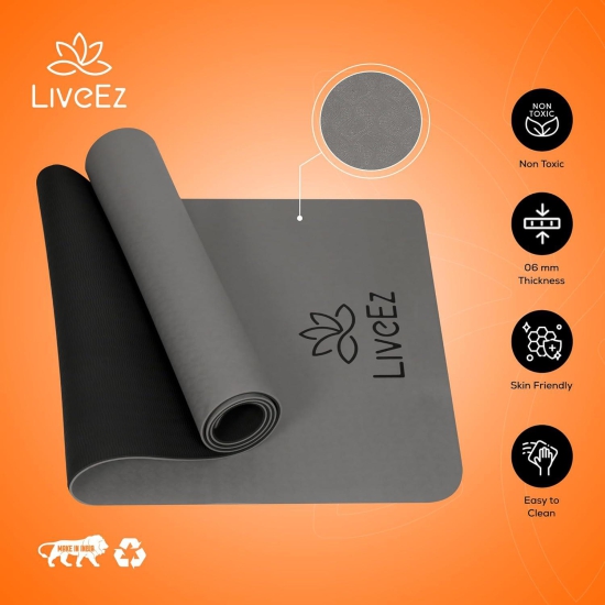 LiveEZ Anti-Skid Lightweight with perfect grip TPE Yoga Mat for Men and Women with Carry Bag (6mm, Grey & Black color)