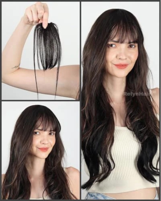 RefynHair Low Density Clip-In Hair Bang Extension | 100% Remy Human Hair | Natural Looking Fringe Hair Extensions for Girls and Women | Easy Single Clip In | Lightweight Wispy Bangs - Medium Brown