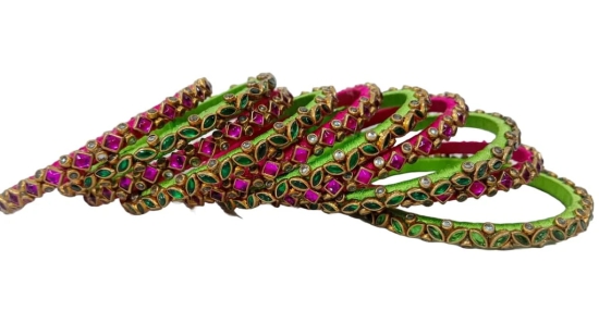 Pink and Green Bangle Set with Kundan Stones